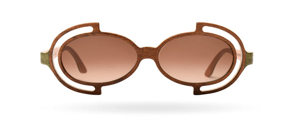 A pair of round full frame sunglasses with a brown color scheme.